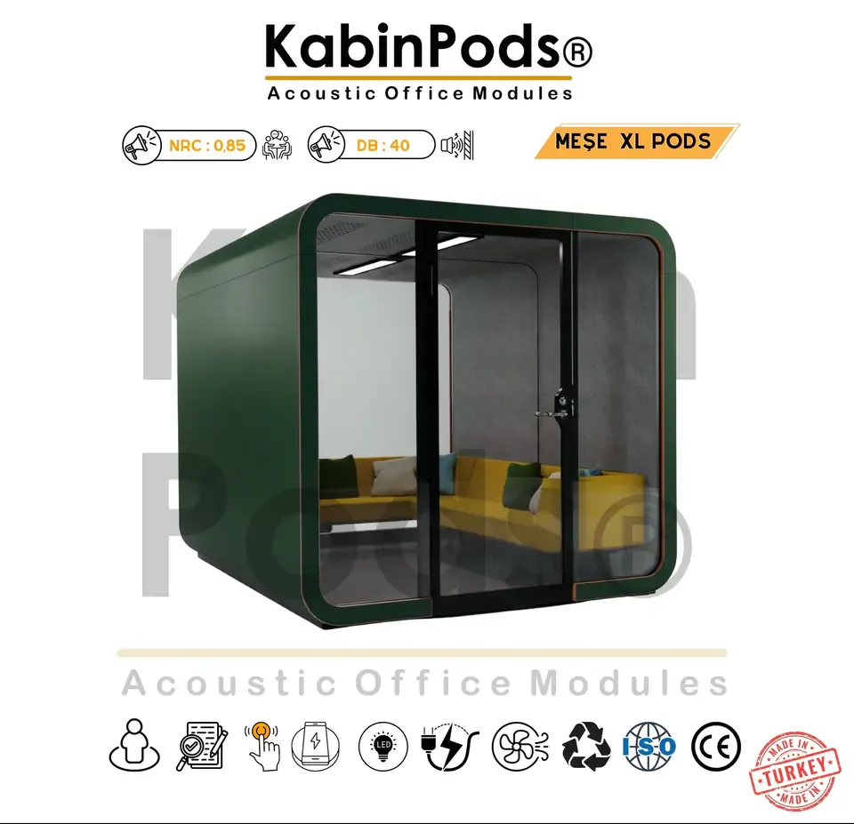 KabinPods toplantı kabini – çok kişilik görüşme ve sunum kullanımı için ofis içi kabin