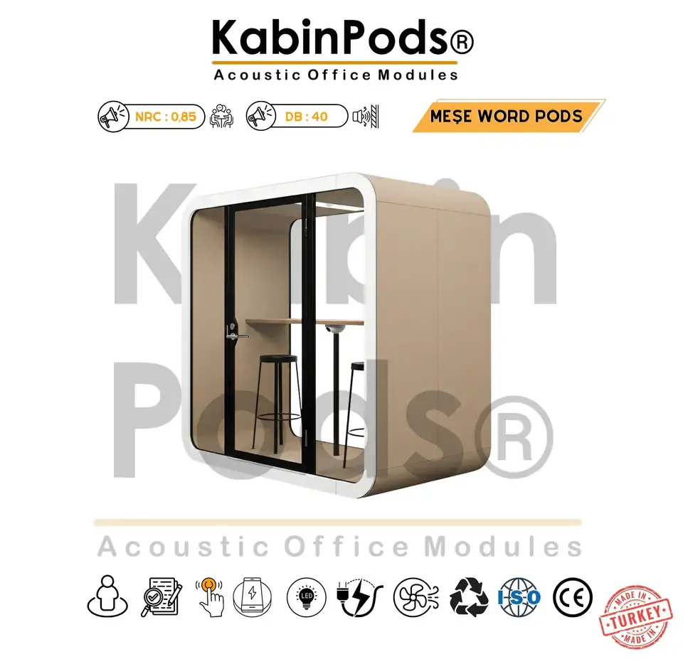 Toplantı kabini için modern ofis yerleşiminde kullanılan kabin görseli